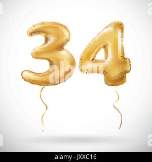 vector Golden 34 number thirty four metallic balloon. Party decoration golden balloons. Anniversary sign for happy holiday, celebration, birthday, car Stock Vector