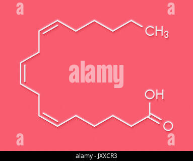 Gamma-linolenic acid (GLA, gamolenic acid) molecule. Omega-6 fatty acid present in many vegetable oils, including evening primrose, chia, hemp and bor Stock Photo