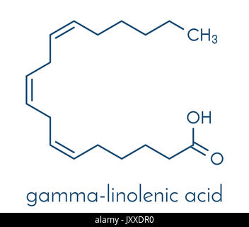 Gamma-linolenic acid (GLA, gamolenic acid) molecule. Omega-6 fatty acid present in many vegetable oils, including evening primrose, chia, hemp and bor Stock Photo