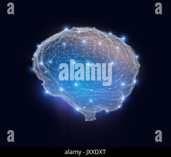 Low poly brain model with wireframe isolated on blue background. Concept for artificial intelligence. 3D rendering image. Stock Photo