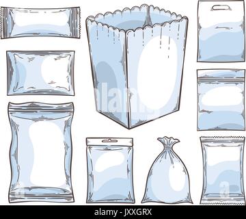 Big set of empty plastic and paper packaging. Vector elements collection Stock Vector