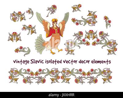 Old Slavic vintage decor elements set isolate on white. Stock Vector