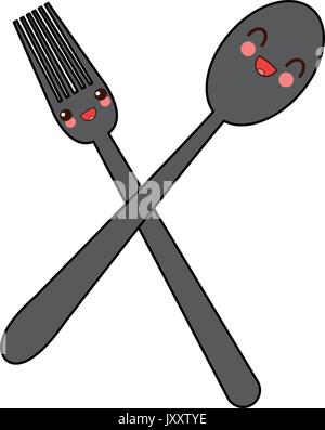 kawaii crossed spoon and fork tool cooking Stock Vector