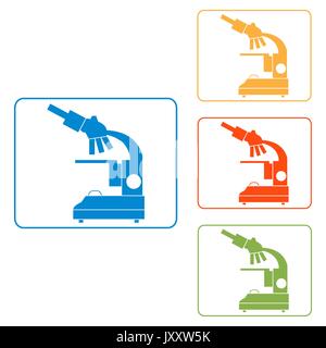 Stylized vector icons of microscope in different colors. Magnifying device sign. Laboratory equipment symbol. Stock Vector