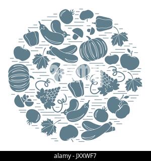 Set of autumn seasonal fruits and vegetables in circle. Tomato, pepper, grapes, zucchini and other fall fruits and vegetables for announcement, advert Stock Vector