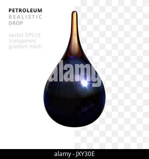 Vector transparent petroleum drop. Realistic 3d droplet of a crude oil. Bead of Black Gold liquid with a reflection of oil pump and twin pipeline. Stock Vector