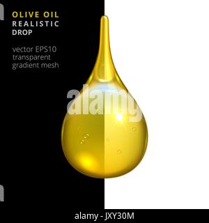 Golden drop of olive oil. Vector 3d realistic droplet of transparent viscous liquid like a natural vegetable oil, mineral lubricant, yellow biofuel. Stock Vector