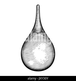 Vector engraving drop. A vintage droplet of liquid painted in ink by wavy lines. Old style of engraving or etching. Black drawing, white background. Stock Vector