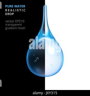 Transparent clean water drop. Vector realistic 3d droplet of a pellucid water. Natural detailed drip, tinted by cold blue. Black and white background. Stock Vector
