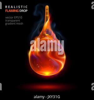 Falling drop of fire on a black background. Vector realistic 3d droplet of combustible liquid with flame and smoke. Closeup red hot flammable drip. Stock Vector