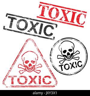 Toxic skull and bones grungy rubber stamp vector illustrations Stock Vector