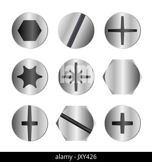 Different metal bolt and screw head types Stock Vector