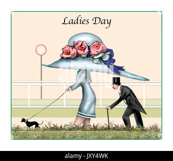 Ladies Day, Humorous Illustration of Lady with very large Hat Stock Photo