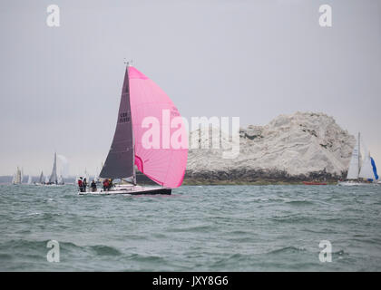 Yachts round The Needles at the western end of the Isle of Wight during the 2017 Round the Island yacht race Stock Photo
