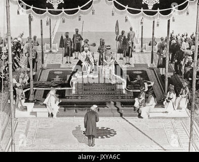 The Nizam of Haidarabad pays homage to King George V and Queen Mary at the 1911 Delhi Durbar, Coronation Park, India. George V, 1865 – 1936.  King of the United Kingdom and the British Dominions, and Emperor of India. Mary of Teck, 1867 – 1953. Queen of the United Kingdom and the British Dominions and Empress of India. From Hutchinson's History of the Nations, published 1915.