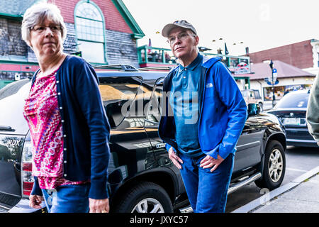 Bar Harbor, USA - June 8, 2017: Happy people walking in Maine downtown village in summer Stock Photo