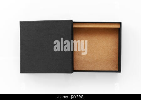 Black box product packaging opened with lid on white background Stock Photo