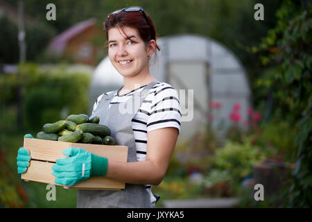 Young brunette with cucumber crop Stock Photo