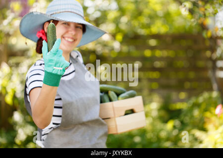 Farmer in hat holds cucumber Stock Photo