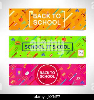 Back to school vector horizontal banners set. Colorful abstract backgrounds with school object and supplies. Stock Vector