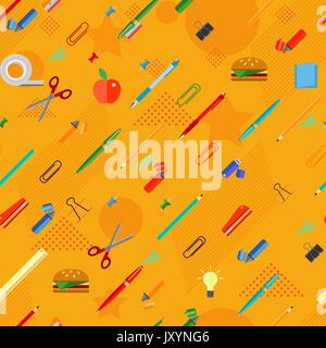 Seamless School Office Supplies orange Pattern. Vector Stock Vector