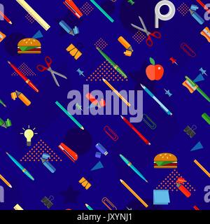 Seamless School Office Supplies blue Pattern. Vector Stock Vector