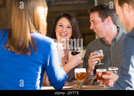 Caucasian friends drinking beer in brew pub Stock Photo
