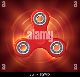 Realistic rotating red spinner stylized in a fire. Fidget spinner toy burns in space. Vector illustration Stock Vector