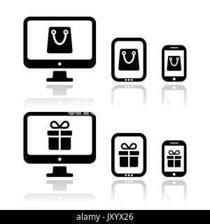 Shopping online, laptop with present and shopping bag icons set    Vector icons set - buying products in line store isolated on white Stock Vector