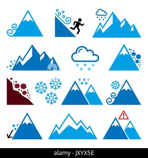 Mountains, avalanche, snowslide- natural disaster icons set Stock Vector
