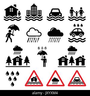 Flood, natural disaster, heavy rain icons set Stock Vector