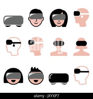 Virtual reality headset for 3D gaming, viewing icons Stock Vector