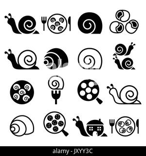 Snails, French snail meal - escargot icons set    Vector icons set of snails isolated on white Stock Vector