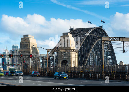 Sydney harbour bridge seen from footpath on the bridge. Sydney, NSW, Australia. Stock Photo