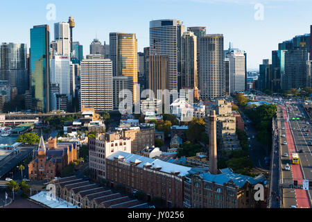 Sydney skyline with 'The Rocks' in foreground and skyscrapers of the CBD to the rear. Sydney, New South Wales, Australia. Stock Photo