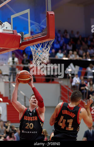 St. Petersburg, Russia - August 6, 2017: Basketball match Russia (black) vs Israel (white) for Kondrashin-Belov Cup. Israel won 79-71 Stock Photo