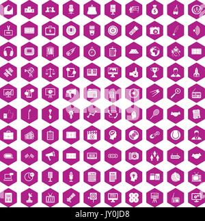 100 media icons hexagon violet Stock Vector
