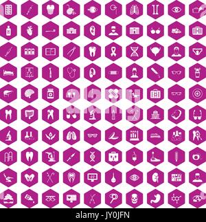 100 medical icons hexagon violet Stock Vector
