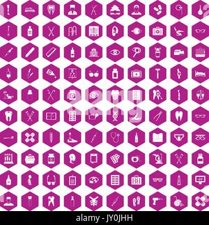 100 medical accessories icons hexagon violet Stock Vector