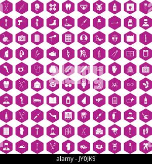 100 medical care icons hexagon violet Stock Vector