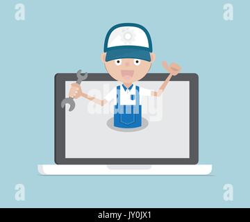 man holding wrench on laptop system maintenance services and technical support concept, cartoon vector illustration Stock Vector