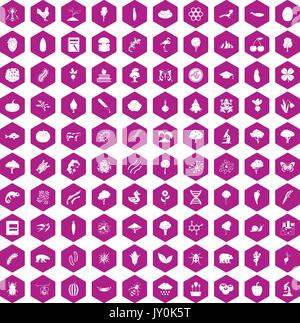 100 microbiology icons hexagon violet Stock Vector