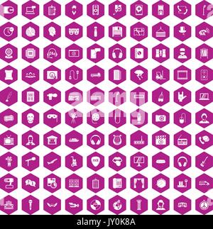 100 microphone icons hexagon violet Stock Vector