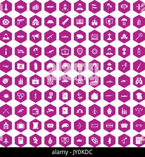 100 military icons hexagon violet Stock Vector