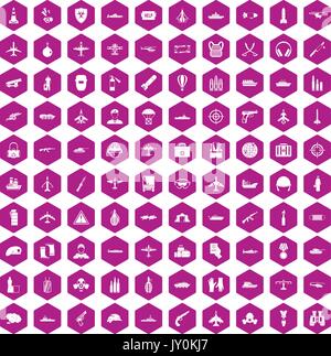 100 military resources icons hexagon violet Stock Vector