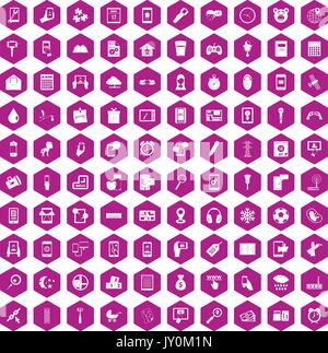 100 mobile app icons hexagon violet Stock Vector