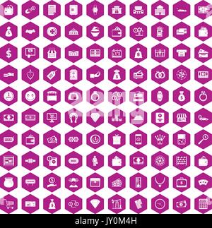 100 money icons hexagon violet Stock Vector
