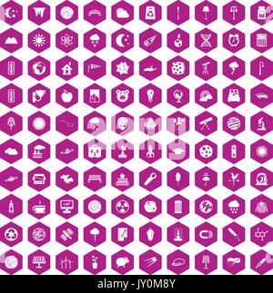 100 moon icons hexagon violet Stock Vector