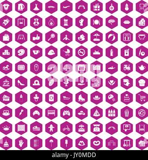 100 mother and child icons hexagon violet Stock Vector