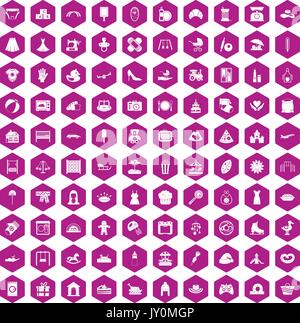 100 motherhood icons hexagon violet Stock Vector